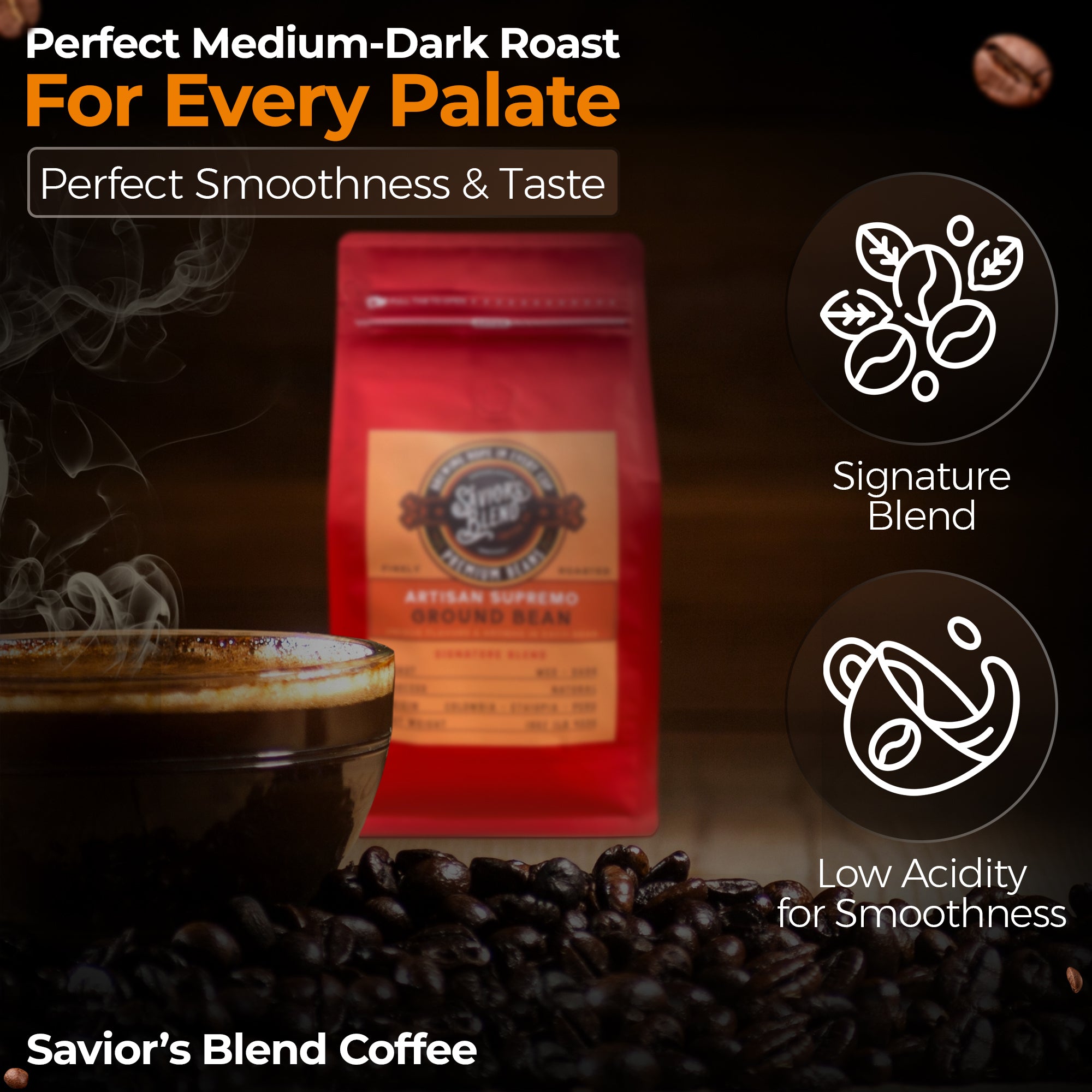 Aromatic Artisan Supremo coffee, a perfect balance of strength and smoothness.