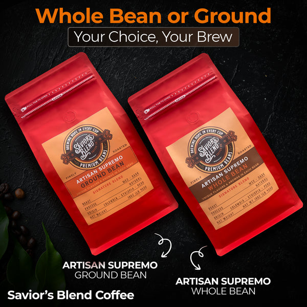 Whole bean Artisan Supremo coffee, featuring a smooth and velvety finish.