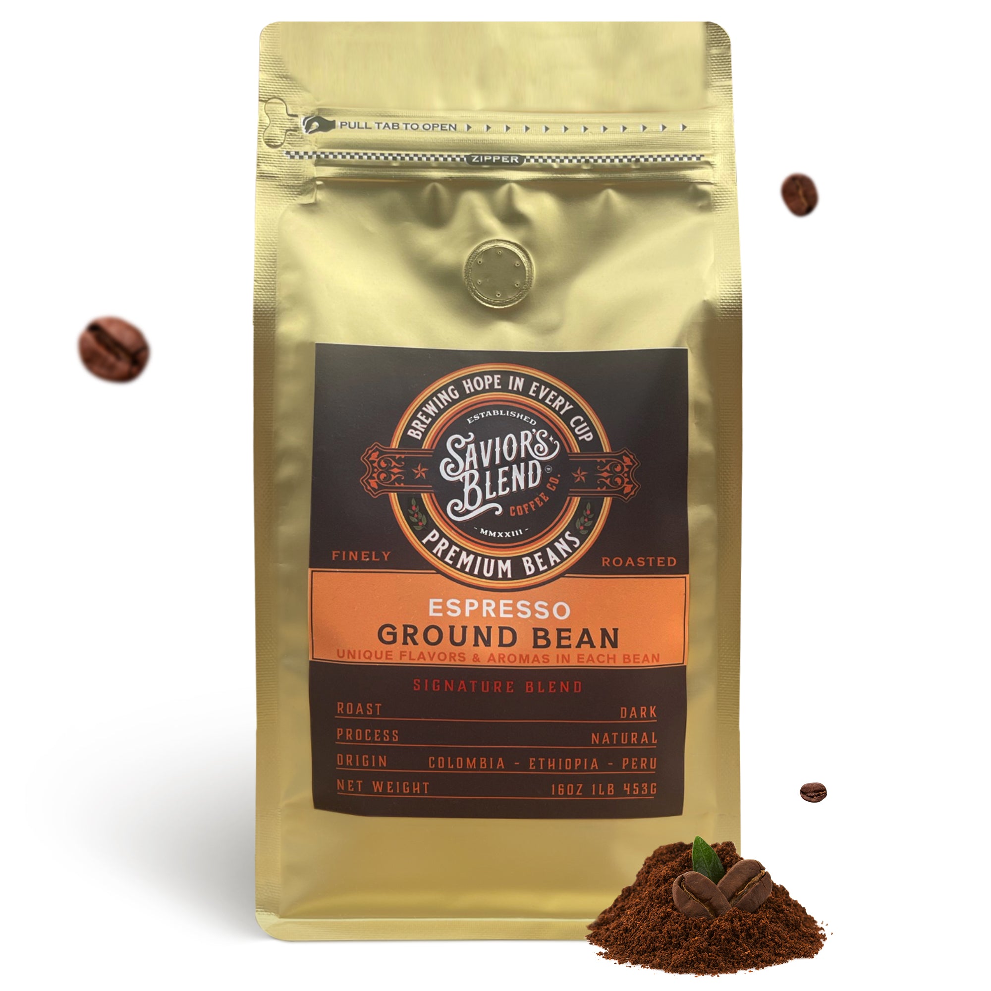 Finely ground espresso beans, ensuring a strong and flavorful Italian-style espresso.