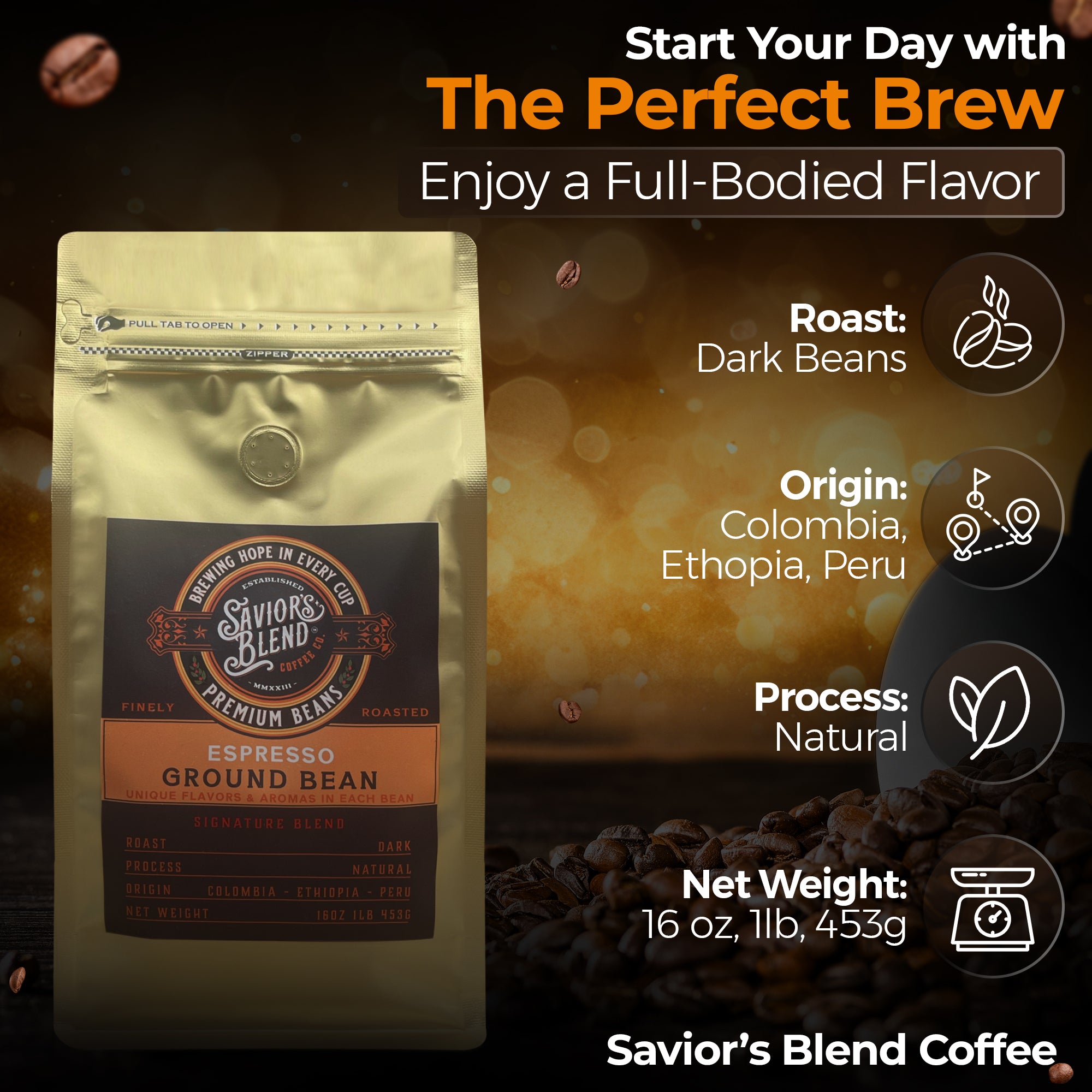 Dark Roast Coffee Blended from three of world best coffee regions Colombia, Ethiopia, & Peru